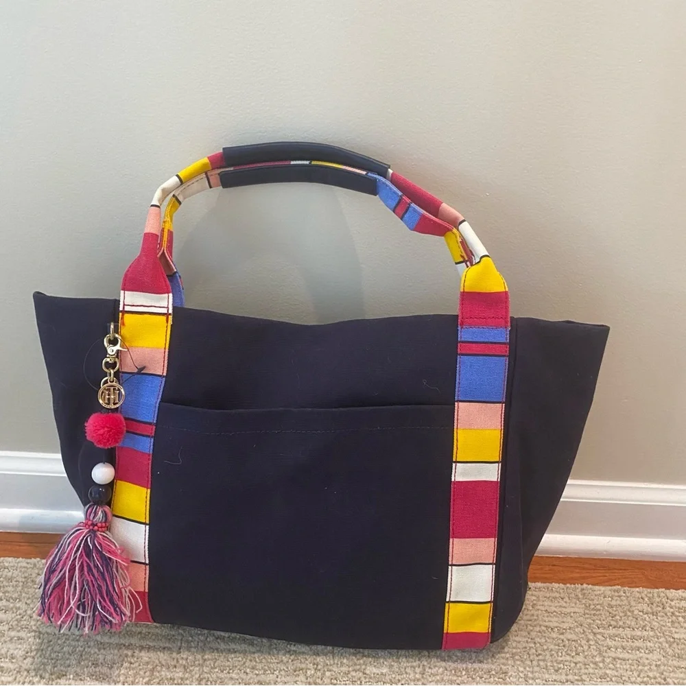 Tommy Hilfiger Adelina XL navy blue canvas tote multicolor stripe tassel NWOT